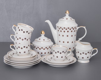Vintage Riga Porcelain Coffee Set: Coffee Bean Dessert Service for 6
