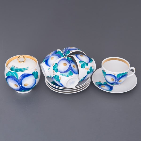 Vintage Handpainted Porcelain Service. Poltava Porcelain, Ukraine, USSR Era. 5 Cups, 5 Saucers, Sugar Bowl, Creamer. Never used