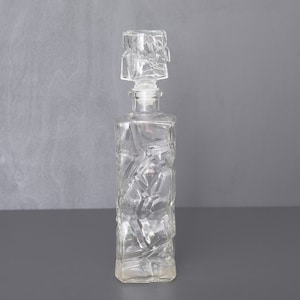 Clear Glass Rock Imitation Carafe. Rustic Decanter with Relief Pattern and Glass "Pebble" Stopper. Made in France.