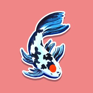 May include: A sticker featuring a koi fish illustration. The fish has a white body with black spots, blue fins and tail, and an orange spot. The sticker is outlined in white and set against a pink background.