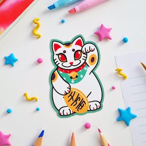 Lucky Cat Sticker | Japanese cat sticker, maneki neko art