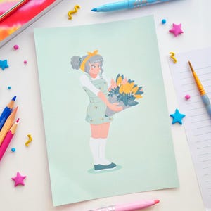 Impresión artística de cortejo primaveral / Arte floral, ilustración de personajes, ramo de tulipanes