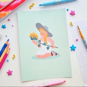 Impresión artística de cortejo de verano / Postal minimalista, arte de verano, arte de girasoles, arte floral