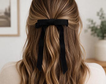 Black Velvet Ribbon Hair Bow, Velvet Hair Ribbon, Velvet Hair Accessories, Hair Clip Bow for Girl and Women, French Barrette, Hair Bow