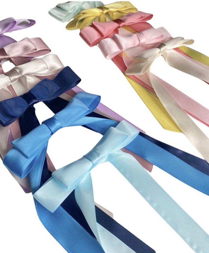 May include: A set of ten satin ribbon bows in various colours, including light blue, pink, yellow, white, and lavender. The bows are tied with long tails and are arranged in a staggered pattern.