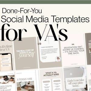 Könnte beinhalten: Eine Sammlung digitaler Social-Media-Vorlagen für virtuelle Assistenten in einer neutralen beige-weißen Farbpalette. Die Grafiken zeigen verschiedene Textüberschriften, darunter Done-For-You Social Media Templates for VA's, Signs it's time to hire a VA, The Real Cost of Doing It All Yourself und How Much Does A Virtual Assistant Cost.
