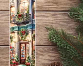 May include: A rectangular bookmark featuring a detailed illustration of a festive bookstore. The scene includes a balcony with a Christmas wreath, wreaths on the door, and small Christmas trees. The color palette is warm, with reds, greens, and golds.
