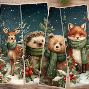 May include: Watercolor illustration of four winter animals: a deer, hedgehog, bear, and fox. Each animal wears a green scarf and is surrounded by snow, holly, and pine branches. The background is a dark blue night sky with stars.