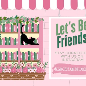 Peut inclure: Illustration rose d'une fen&ecirc;tre avec un chat noir qui s'&eacute;tire. La fen&ecirc;tre affiche des livres sur des &eacute;tag&egrave;res, avec des fleurs et des vignes. Le texte "Let's Be Friends" est affich&eacute; sur une pancarte, avec des informations Instagram.