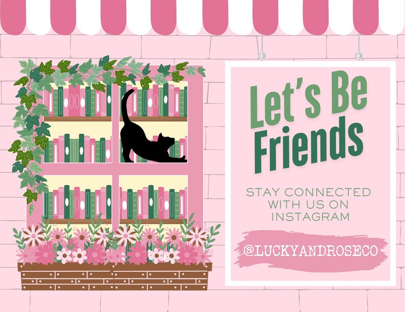 Peut inclure: Illustration rose d'une fen&ecirc;tre avec un chat noir qui s'&eacute;tire. La fen&ecirc;tre affiche des livres sur des &eacute;tag&egrave;res, avec des fleurs et des vignes. Le texte "Let's Be Friends" est affich&eacute; sur une pancarte, avec des informations Instagram.