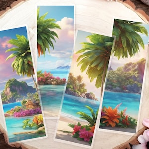 May include: Four tropical beach scene bookmarks with palm trees, turquoise water, and white sand. The bookmarks are printed on a glossy cardstock.