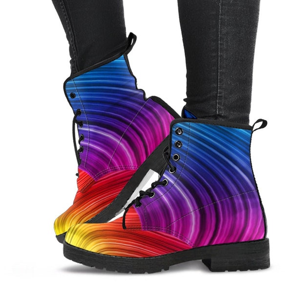 Colorful Wave Rainbow Handmade Leather Boots for women girls, Vegan friendly leather shoes