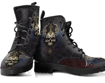 Leather boots with skull for men and women, vegan friendly leather, rock, goth, gothic boots