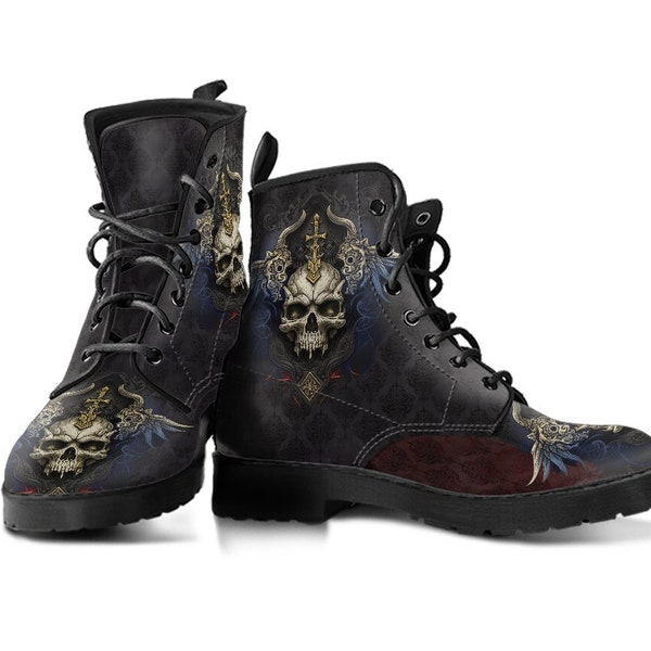 Leather boots with skull for men and women, vegan friendly leather, rock, goth, gothic boots