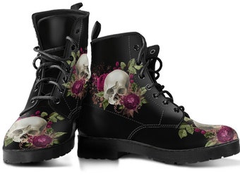 Leather boots with skull and roses for girls and women, Shoes with skull
