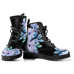 Blue Flowers Leather Boots for women and girls, Vegan Friendly boots, High ankle shoes