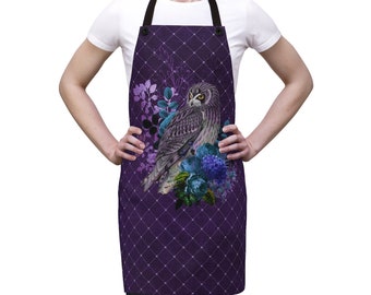 Violet Apron with Owl Flowers, christmas gift for wife daughter mom