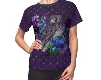 Women's Girl's Tshirt with owl, all over print tee shirt, goth, gothic, flowers