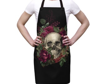 Apron with Skull Roses Christmas gift for women rock metal goth gothic girls