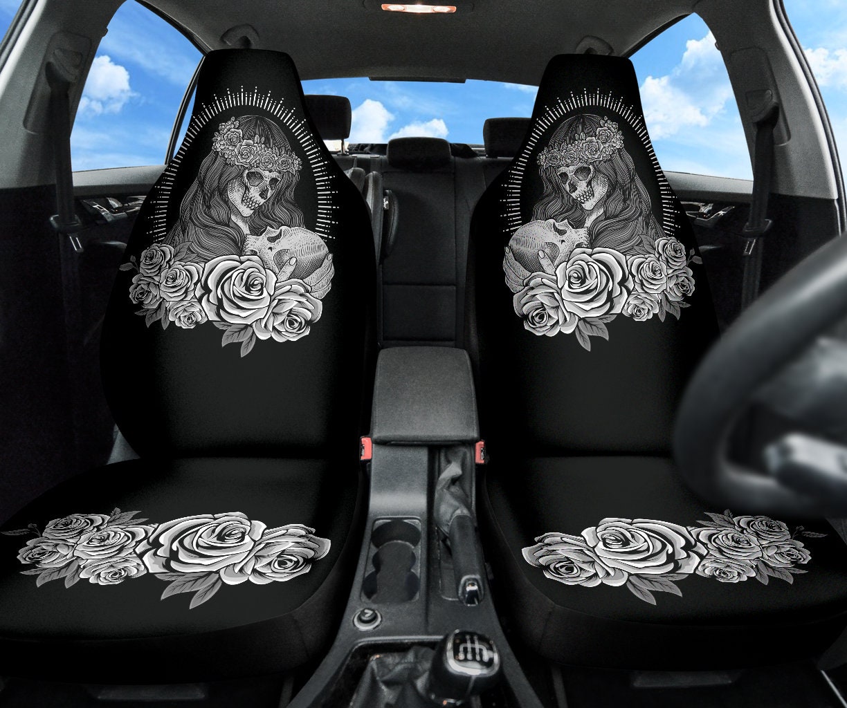 Sugar Skull Front Autositzbezüge, schwarz-weiße Bezüge für Autositze,  Schädel mit Rosen, Autozubehör, 2er-Set - .de