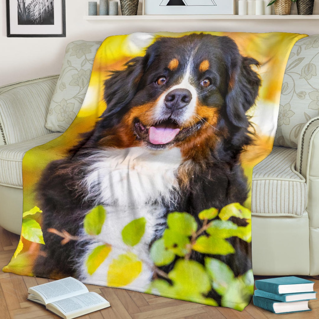 Bernese Mountain Dog Fleece Blanket in Colorful Autumn Nature Christmas