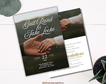 May include: Wedding invitation featuring the names "Gail Rand & Jake Locke" in elegant script. The invitation includes the date, time, and location: The Banquet Hall, Beautiful, WI. The design incorporates a photo of hands and a ring.
