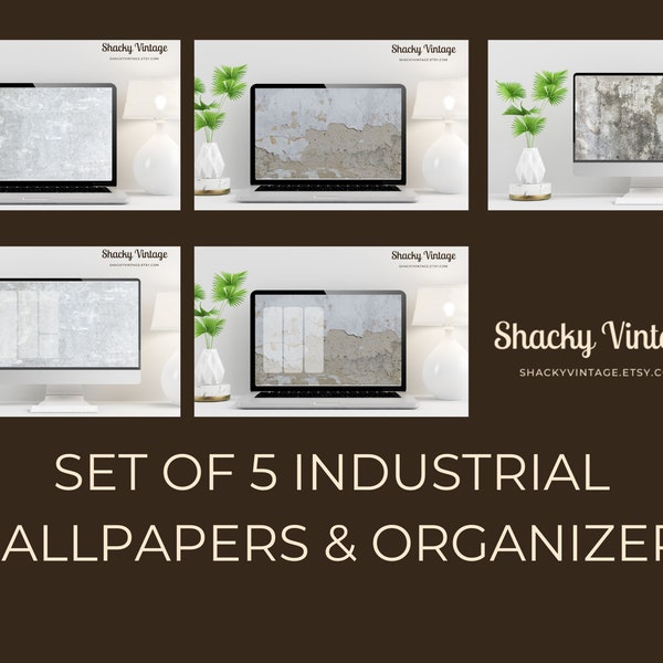 Set of 5 Neutral, Industrial Aesthetic Desktop Wallpapers & Organizers for Mac and PC