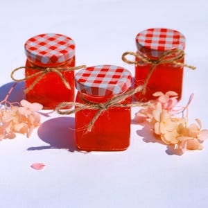 Könnte beinhalten: Drei kleine Gläser gefüllt mit einer leuchtend roten Flüssigkeit, jedes mit einem rot-weiß karierten Deckel. Die Gläser sind mit Bindfaden gebunden und von zarten rosa Blüten umgeben, was eine rustikale und charmante Ästhetik erzeugt.