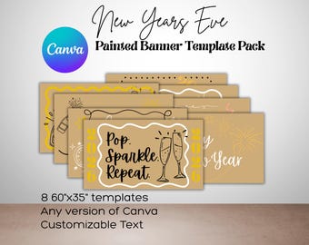 Lot de 8 modèles de bannière pour la Saint-Sylvestre, bannière peinte personnalisable, fichier toile numérique