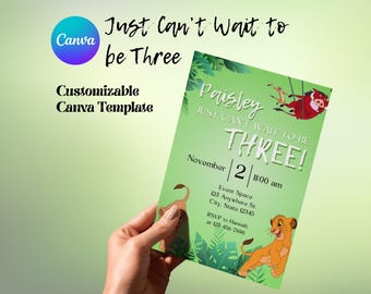 Convite de aniversário de 3 anos do Rei Leão, modelo personalizável do Canva (download digital)