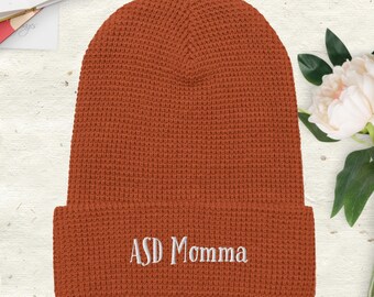 ASD Momma Beanie Hat - Autism/Neurodivergent/Aspergers Gift for Parent - White Embroidery - Honeycomb Knit