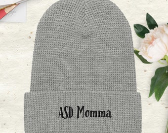 ASD Momma Beanie Hat - Autism/Neurodivergent/Aspergers Gift for Parent - Black Embroidery - Honeycomb Knit