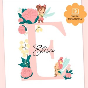 Hadas y flores: póster personalizable con el nombre del bebé para la habitación de los niños: un archivo digital JPG para descargar e imprimir por su cuenta