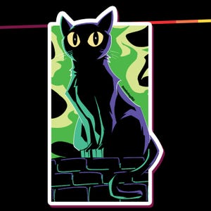 May include: A rectangular sticker featuring a black cat with large yellow eyes sitting on a dark brick wall. The background is a vibrant green with abstract shapes. The text "Omanjunkey2012" is printed in small black letters on the cat's side.