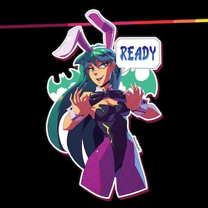 May include: A green-haired woman in a black and purple bunny costume with a speech bubble that says "READY".