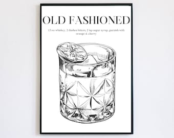 May include: Black and white illustration of an Old Fashioned cocktail recipe. The recipe includes 1.5 oz whiskey, 2 dashes bitters, 2 tsp sugar syrup, and a garnish of orange and cherry.