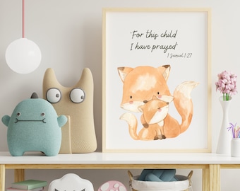 Acuarela Cristiana "Por este Niño Oré" Fox y su Bebé, Boho Nursery Print, Modern Nursery Print Digital