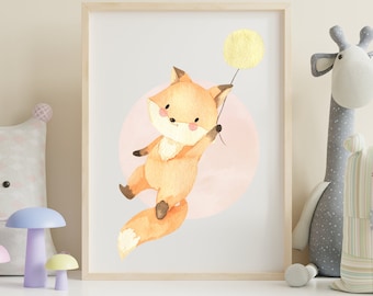 Acuarela Boho Fox y Globo Digital Nursery and Children's Room Print