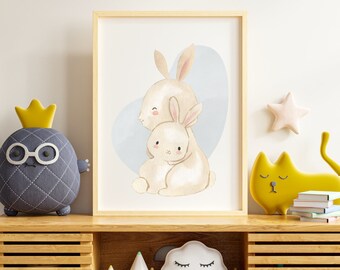 Boho Acuarela Bunny Rabbit and Baby Digital Nursery and Children's Print