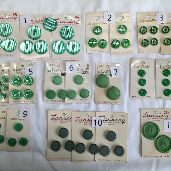 Vintage Green  buttons on cards: Lansing, Streamline, LaMode, La Petite