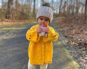 Handmade Yellow Sweater, Popcorn Style Baby Girl Cardigan, Buttoned Toddler Girl Sweater, Long Sleeve Toddler Boy Outfit, Bead Kids Clothing