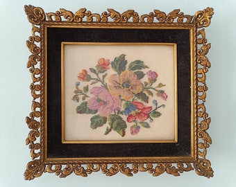 Framed Embroidered Picture with Flowers, Needlework, Petit Point, Vintage Wall Art