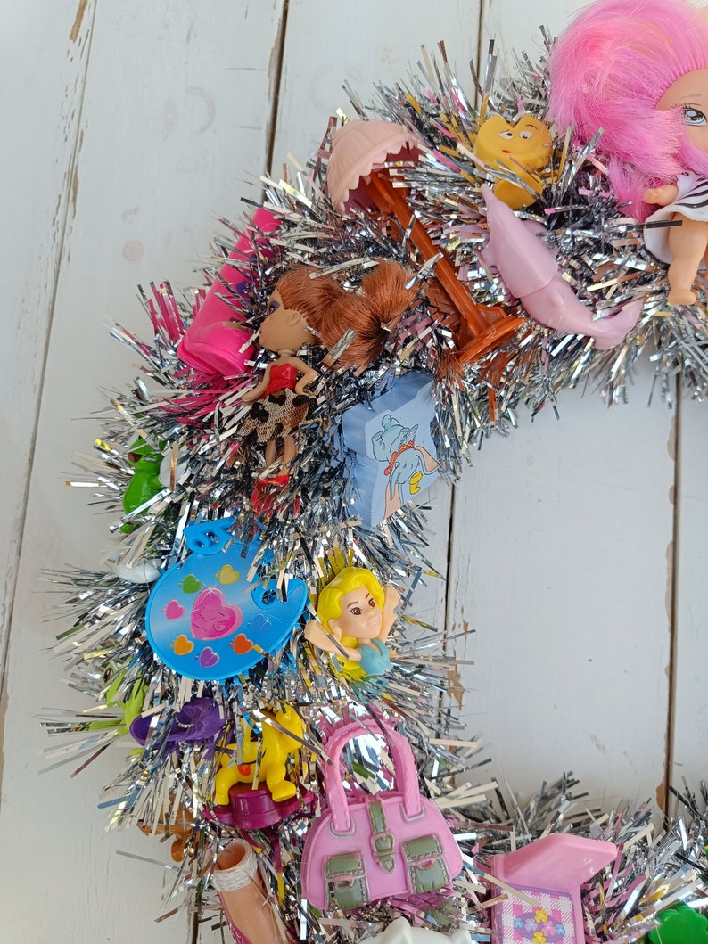 Handmade Kitschy Wreath, Silver Tinsel Wreath With Upcycled Decorations
