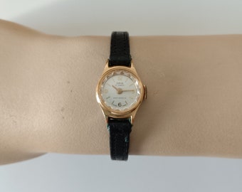 Vintage ORIS Ladies Watch, Gold Plated Watch with Black Leather Strap, Collectible