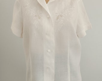 Chemise en lin blanche pour femme, chemisier brodé à manches courtes, vintage des années 1960, chemise d'été romantique