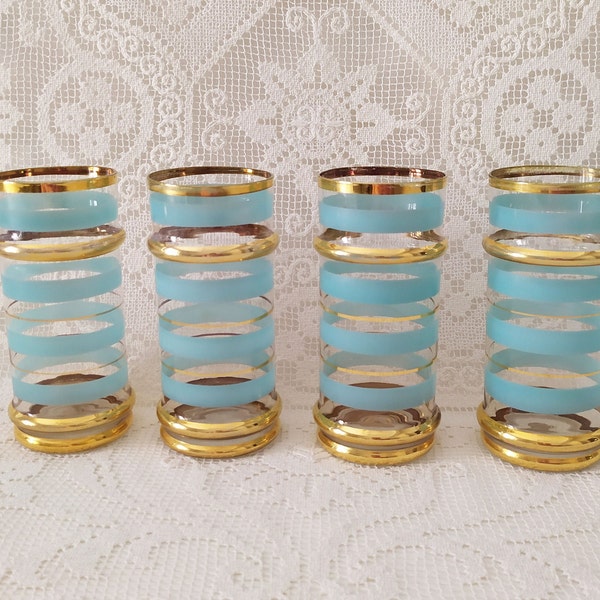 Vintage 1950s Tumblers, Four Mid Century Glasses, Turquoise Blue and Gold Stripes Design, Collectible, Vintage Dinnerware