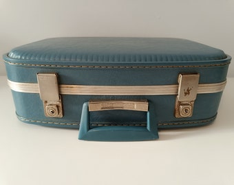 Vintage Blue Train Case, Carry on Suitcase, Vintage Luggage