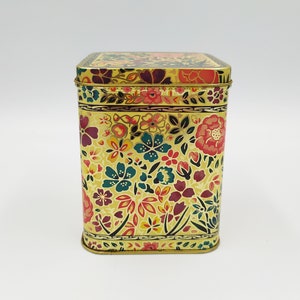 Vintage Tea Tin Container Box, Gold with Indian Flowers Tea Container, Tea Canister, Tea Storage Tin, Collectible Boxes