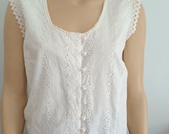 White Cotton Eyelet Ladies Blouse, Vintage Sleeveless Top, Romantic Blouse