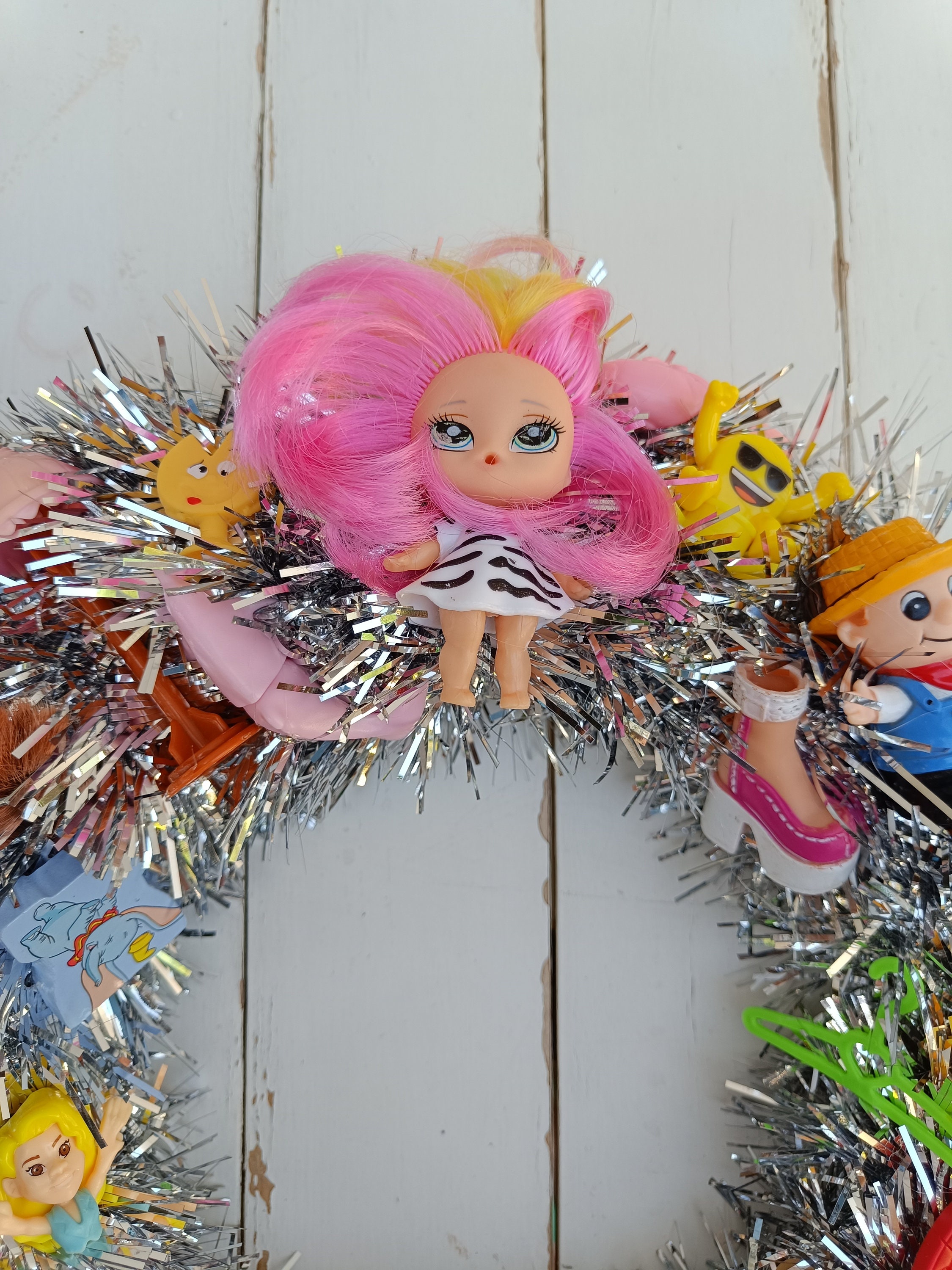 Handmade Kitschy Wreath, Silver Tinsel Wreath With Upcycled Decorations